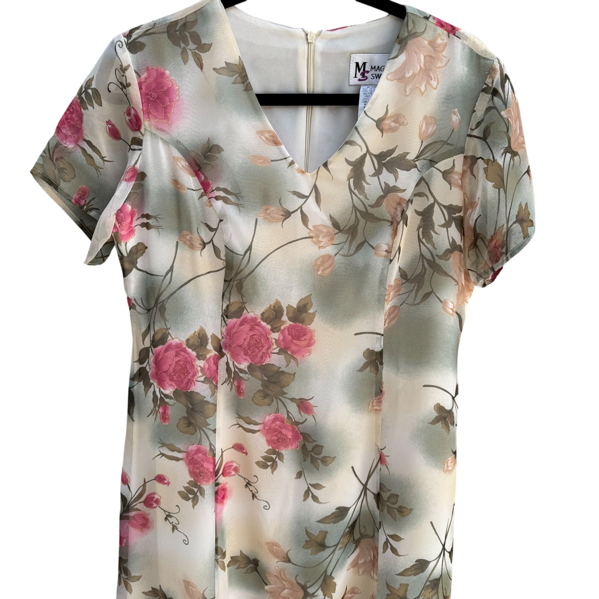 Maggie Sweet Vintage Y2K Womens Floral Chiffon V-Neck Short Sleeve Midi Dress PS