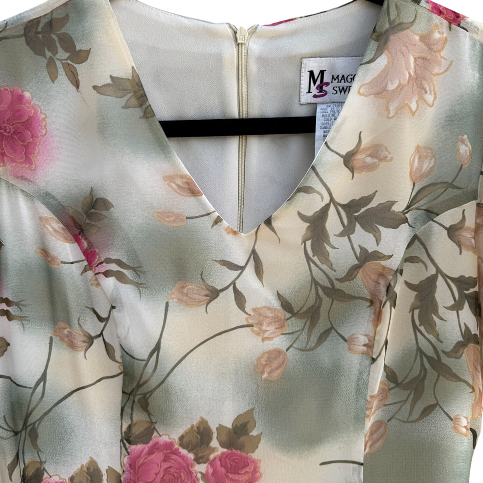 Maggie Sweet Vintage Y2K Womens Floral Chiffon V-Neck Short Sleeve Midi Dress PS