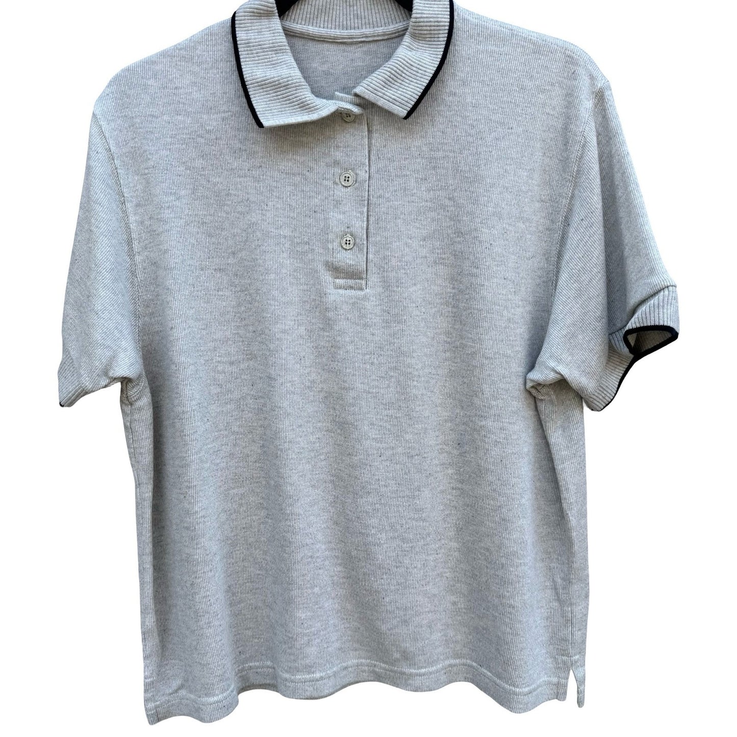 Vintage 90s Gray Ribbed Knit Tipped Polo Shirt Mens L Preppy Minimalist Grandpa