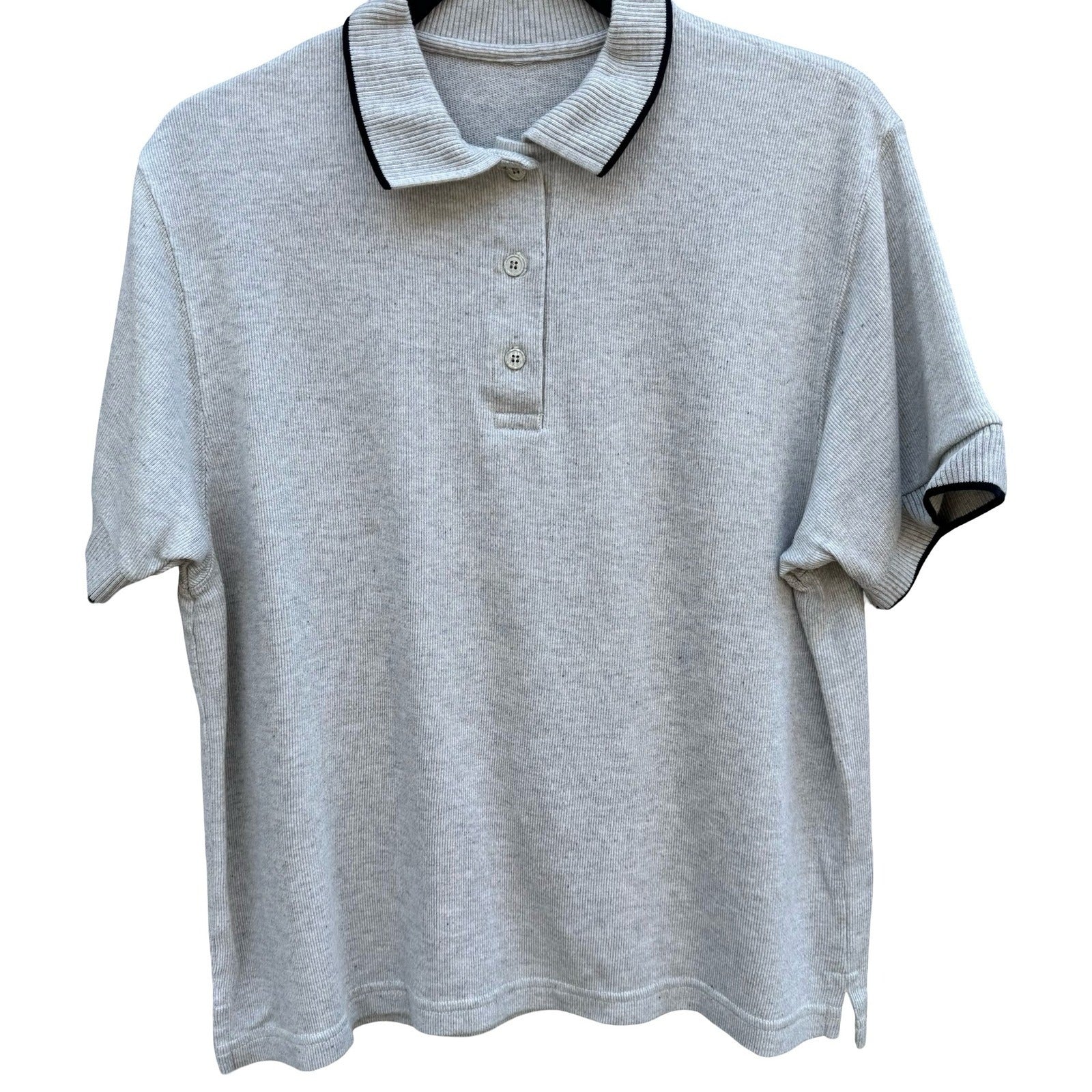 Vintage 90s Gray Ribbed Knit Tipped Polo Shirt Mens L Preppy Minimalist Grandpa