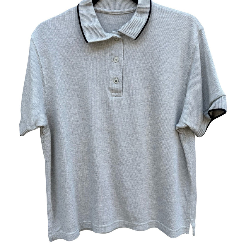 Vintage 90s Gray Ribbed Knit Tipped Polo Shirt Mens L Preppy Minimalist Grandpa