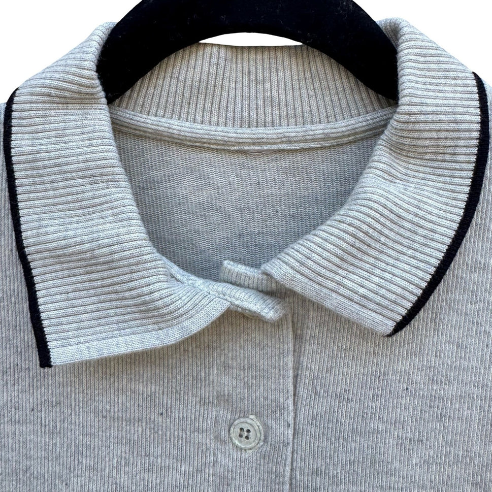 Vintage 90s Gray Ribbed Knit Tipped Polo Shirt Mens L Preppy Minimalist Grandpa