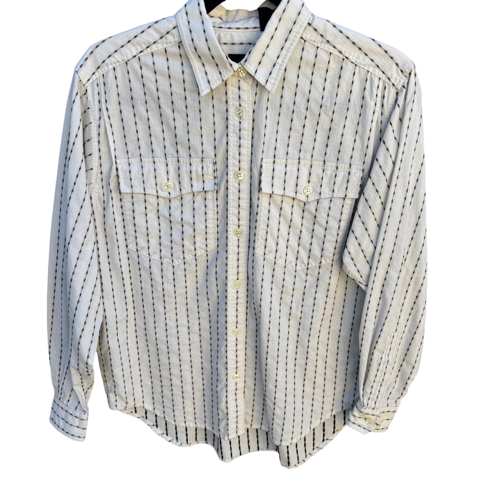 LizSport Vintage Womens S White Black Striped Cotton Button Down Shirt Pockets