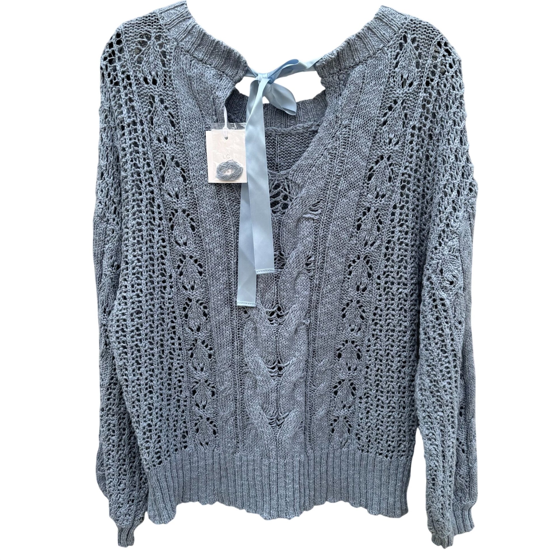 Lauren Conrad XL Blue Open-Knit Eyelet Sweater Ribbon Tie Back Cable Detail New