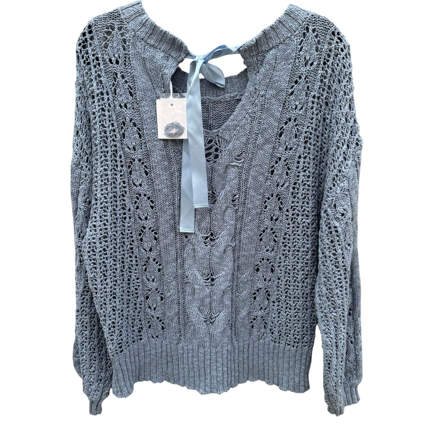 Lauren Conrad XL Blue Open-Knit Eyelet Sweater Ribbon Tie Back Cable Detail New