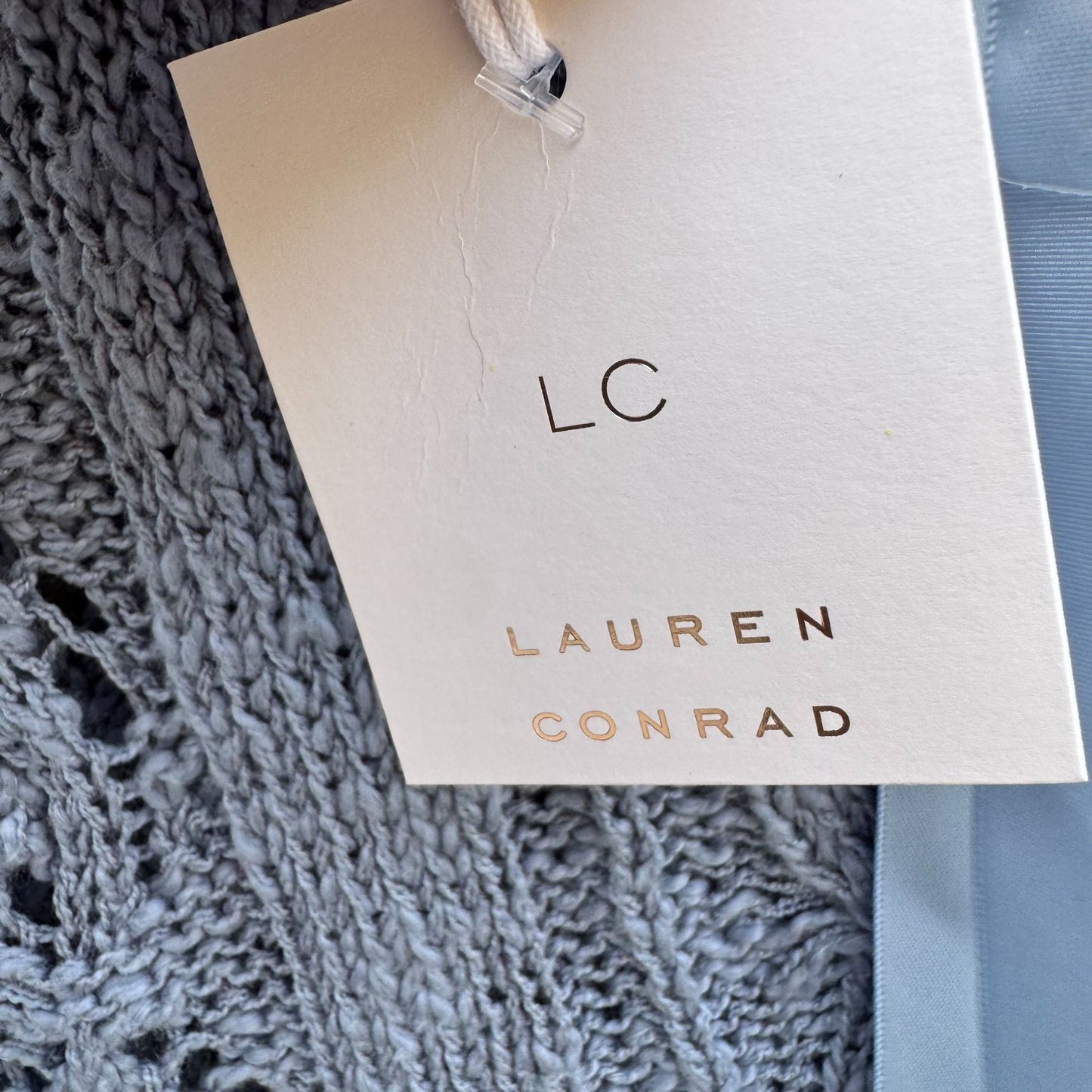 Lauren Conrad XL Blue Open-Knit Eyelet Sweater Ribbon Tie Back Cable Detail New