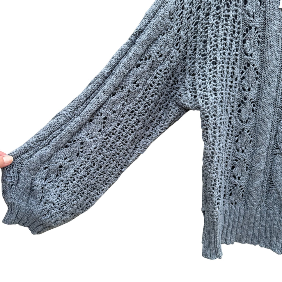 Lauren Conrad XL Blue Open-Knit Eyelet Sweater Ribbon Tie Back Cable Detail New