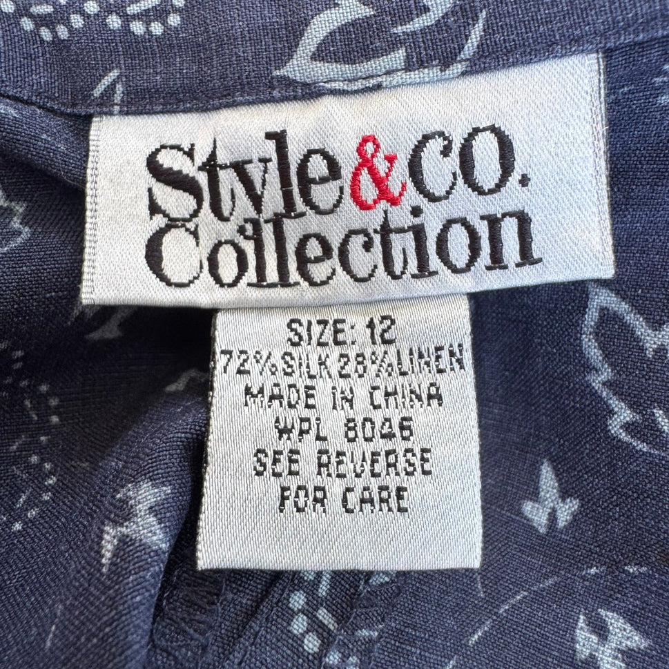 Style & Co Collection Silk Linen Floral Medallion Pants Navy Blue Womens 12