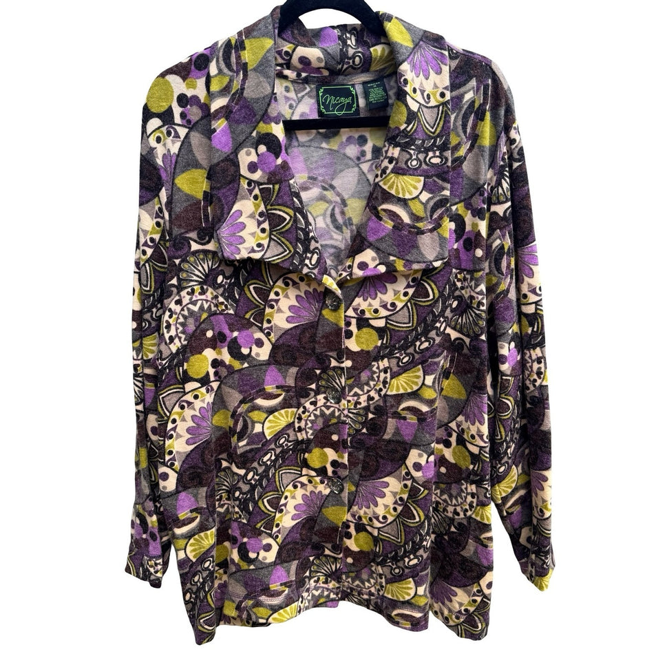 Nicaya Abstract Psychedelic Boho Art To Wear Whimsigoth Fuzzy Knit Cardigan 1X