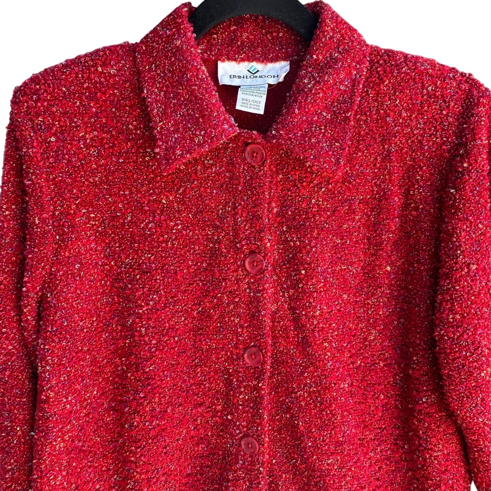 Erin London Vintage Womens Red Boucle Button-Up Knit PreppyCardigan Jacket New S