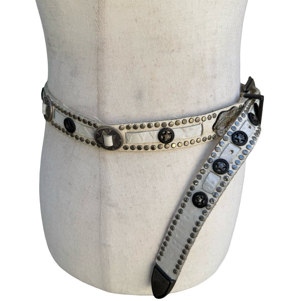 Lily Farouche Munich Vintage White Leather Studded Star Concho Belt West Germany