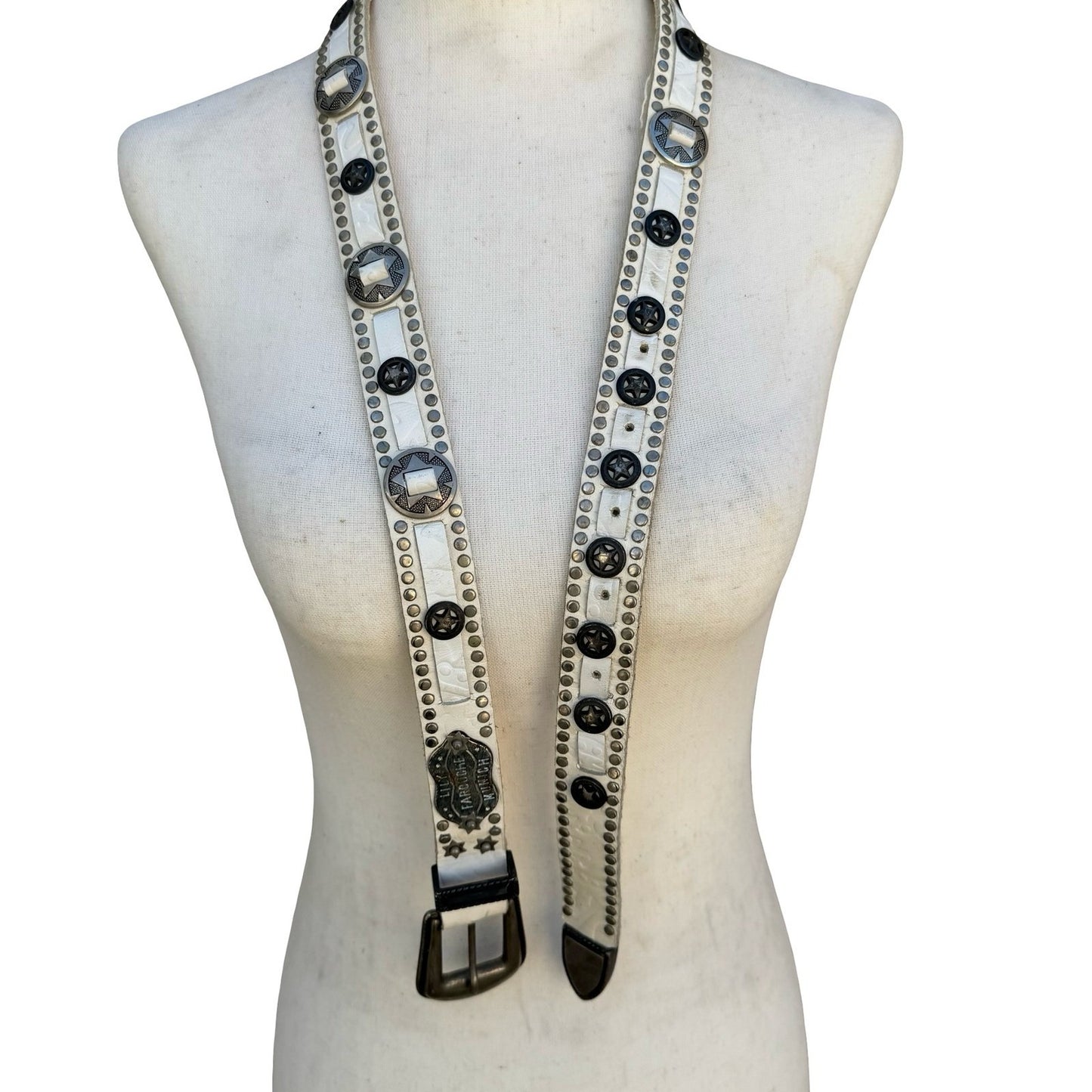 Lily Farouche Munich Vintage White Leather Studded Star Concho Belt West Germany