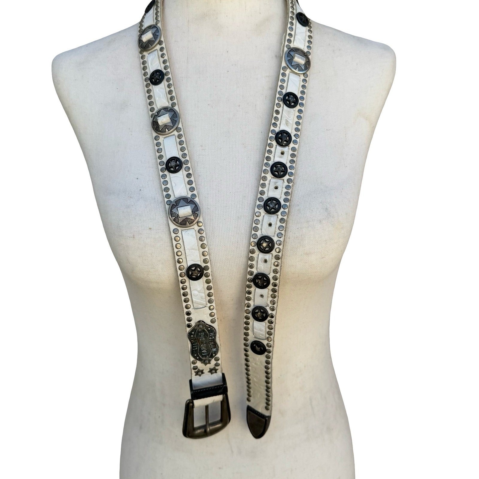 Lily Farouche Munich Vintage White Leather Studded Star Concho Belt West Germany