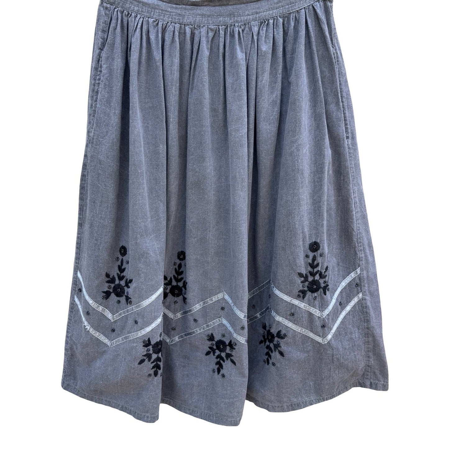 Vintage 90s Grey Embroidered Floral Beaded Midi Skirt Pockets Boho Folk Peasant