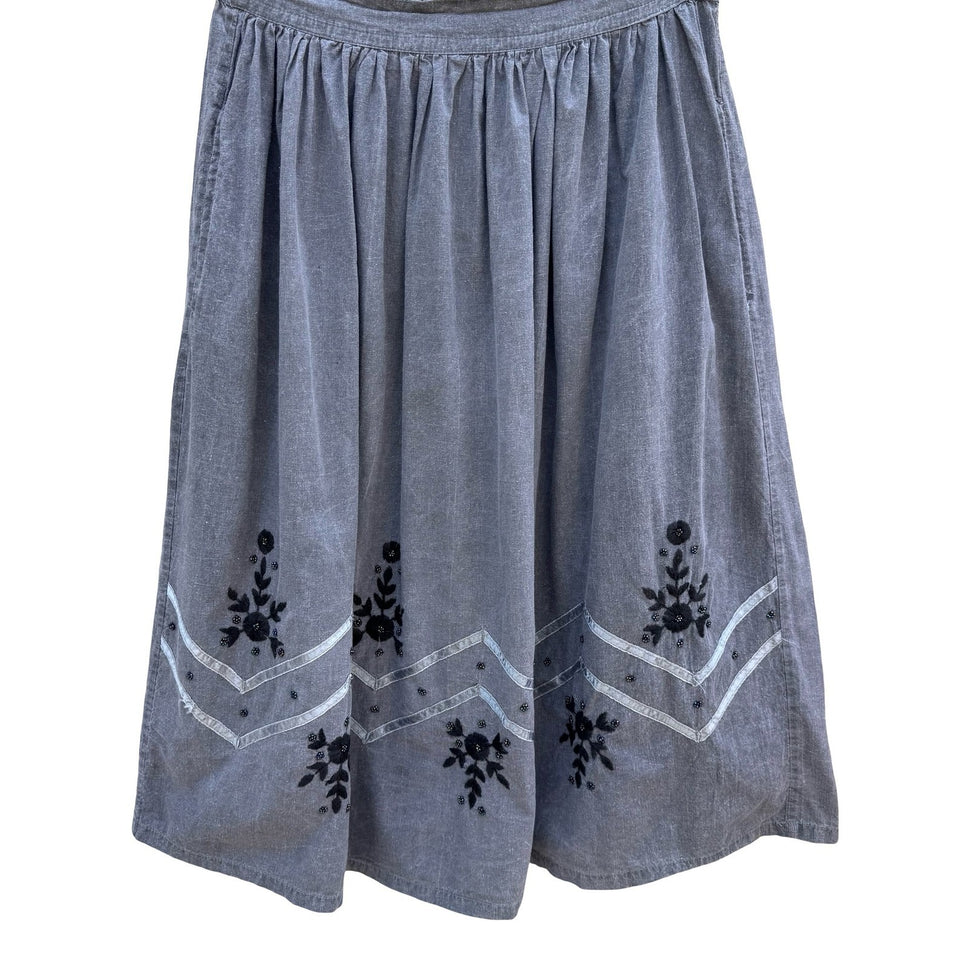 Vintage 90s Grey Embroidered Floral Beaded Midi Skirt Pockets Boho Folk Peasant