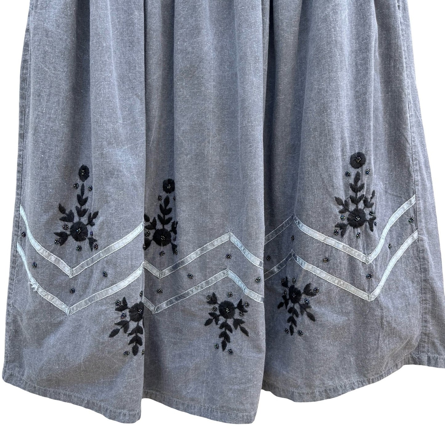 Vintage 90s Grey Embroidered Floral Beaded Midi Skirt Pockets Boho Folk Peasant
