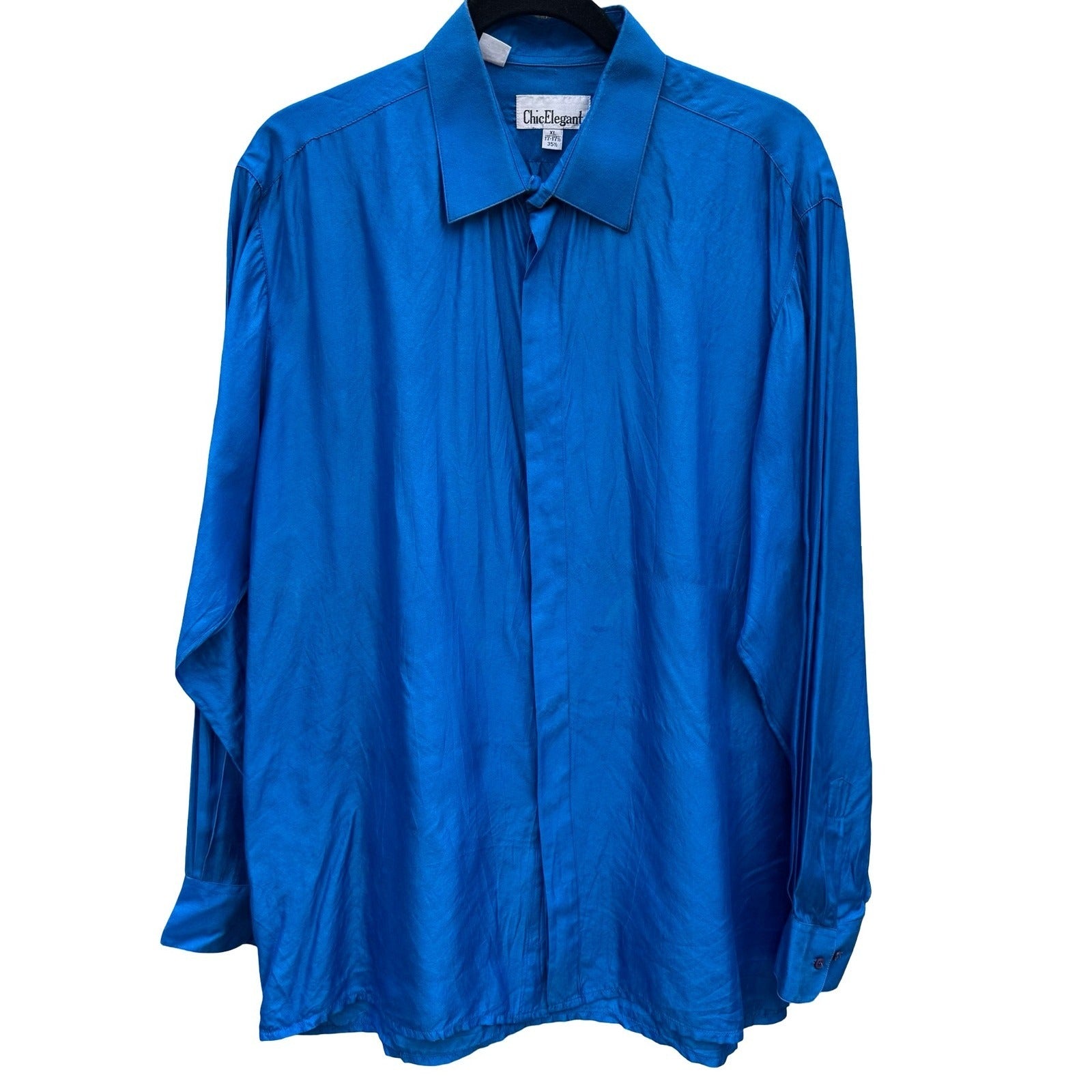 Chic Elegant Vintage 90s Mens XL Blue Silk Hidden Button Down Dress Shirt Luxury