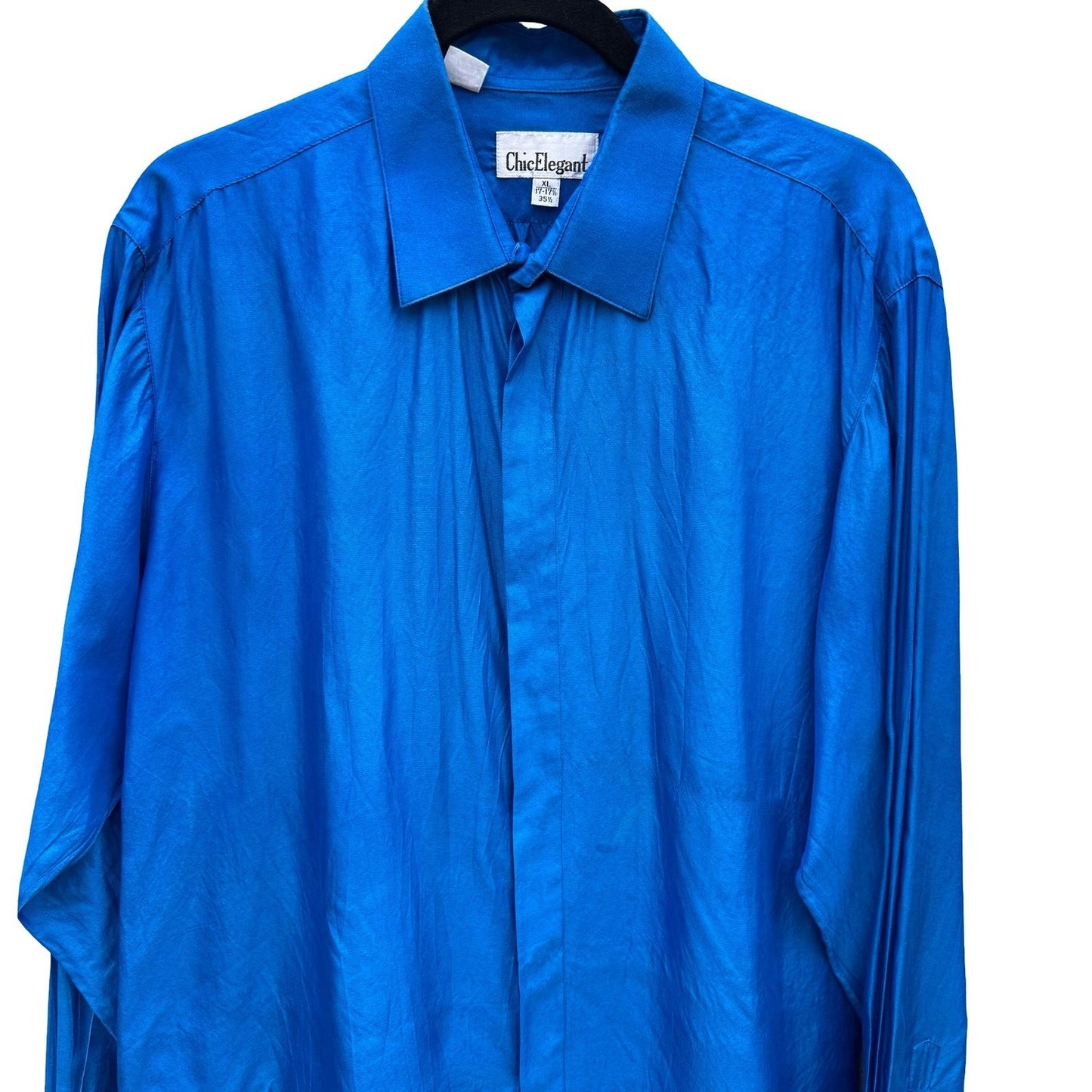 Chic Elegant Vintage 90s Mens XL Blue Silk Hidden Button Down Dress Shirt Luxury