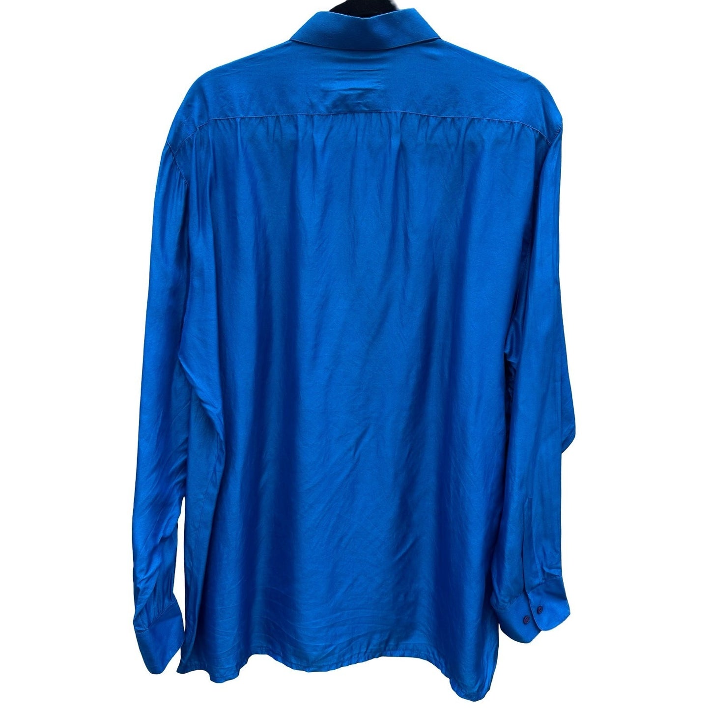Chic Elegant Vintage 90s Mens XL Blue Silk Hidden Button Down Dress Shirt Luxury