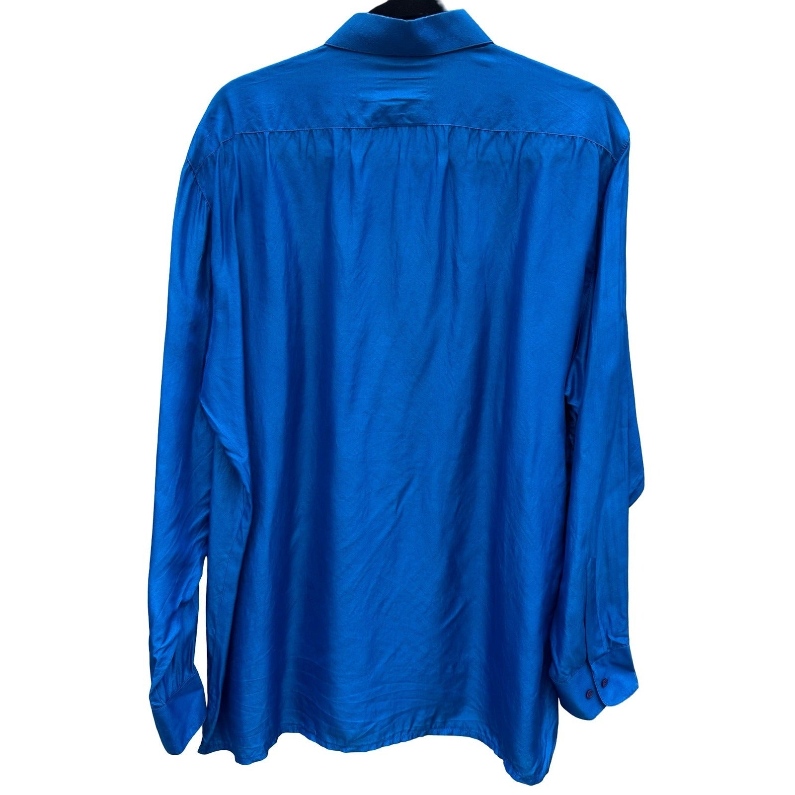 Chic Elegant Vintage 90s Mens XL Blue Silk Hidden Button Down Dress Shirt Luxury