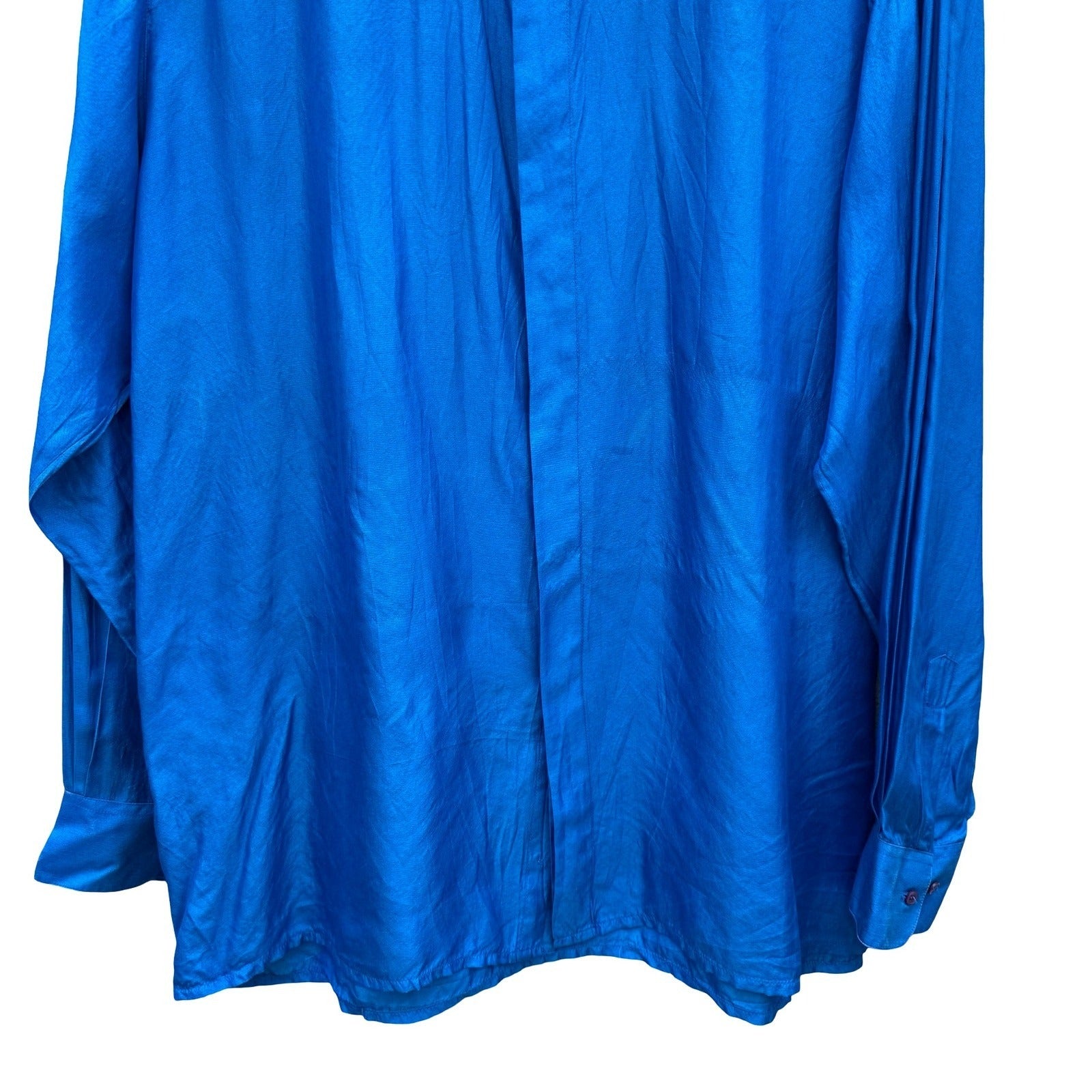 Chic Elegant Vintage 90s Mens XL Blue Silk Hidden Button Down Dress Shirt Luxury