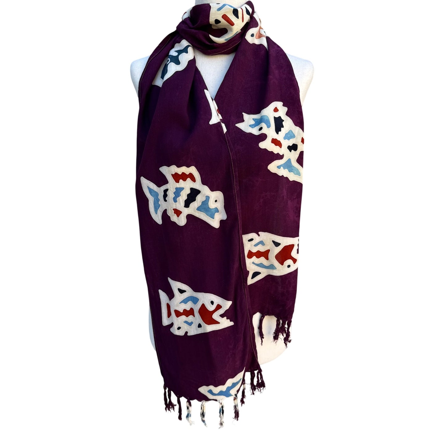 Vintage Batik Womens Hand-Dyed Purple Colorful Fish Print Fringe Scarf Wrap OS