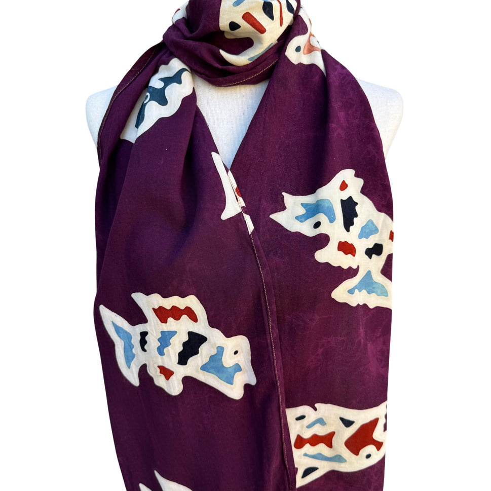 Vintage Batik Womens Hand-Dyed Purple Colorful Fish Print Fringe Scarf Wrap OS