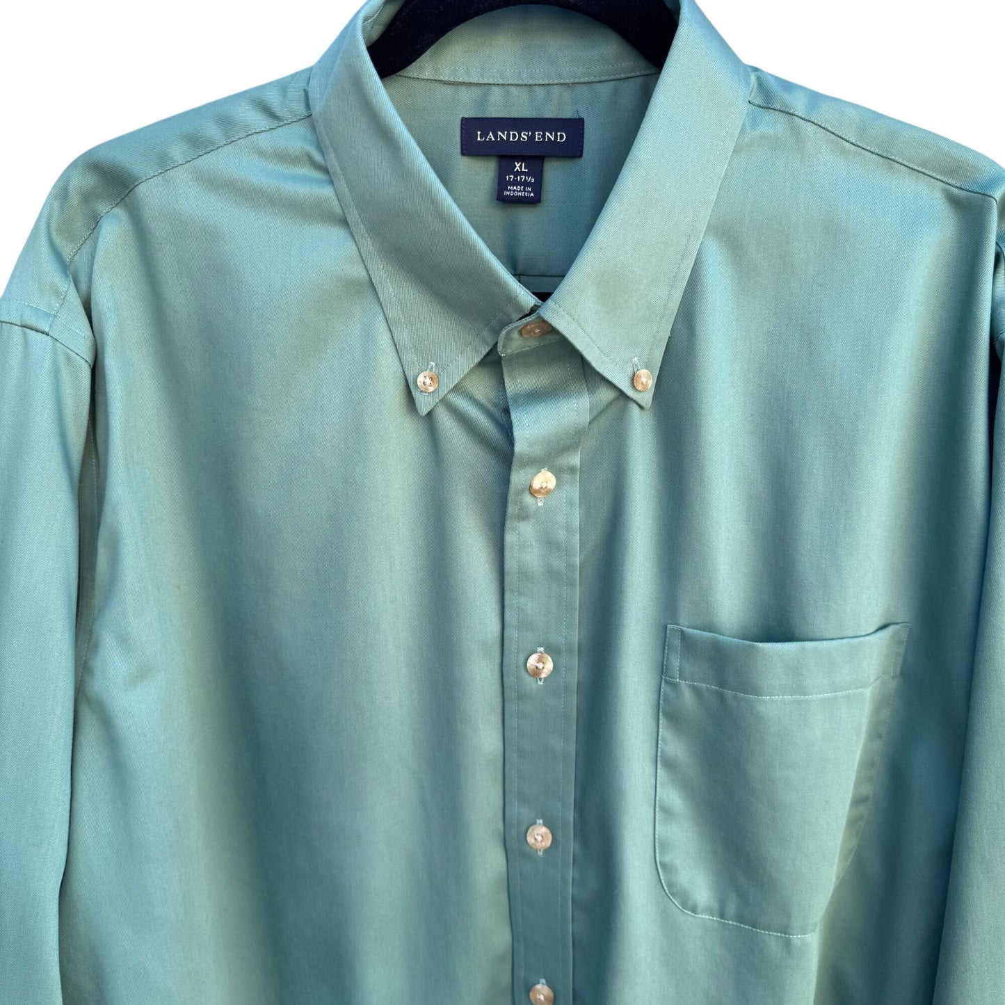 Lands End Vintage Mens Green Long Sleeve Button-Down Dress Shirt XL 17-17 1/2