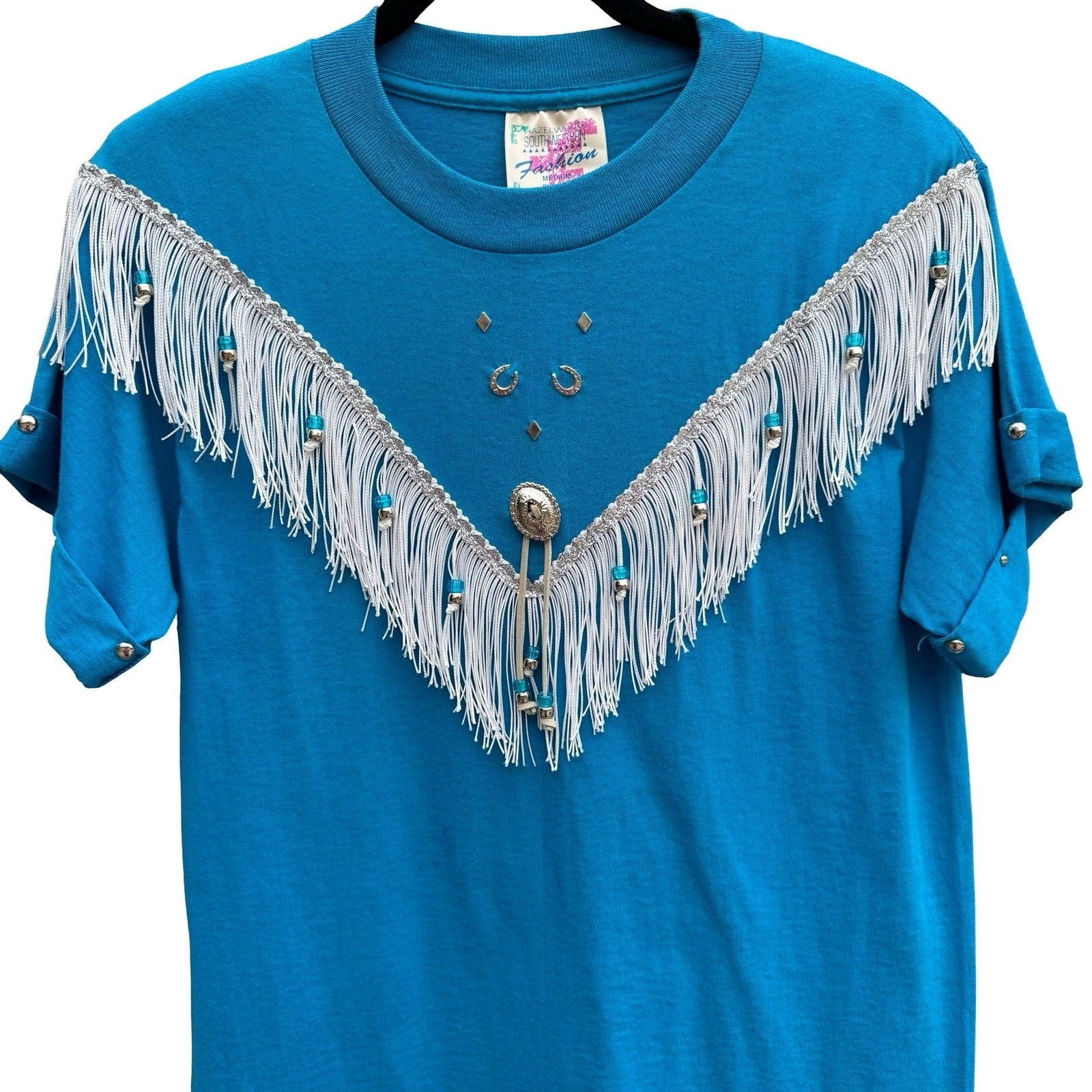 Hazelwood Southwestern Fashion Vintage Turquoise Fringe Studded Concho T-Shirt M