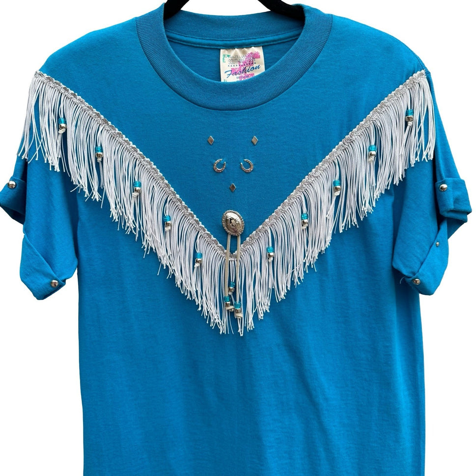 Hazelwood Southwestern Fashion Vintage Turquoise Fringe Studded Concho T-Shirt M
