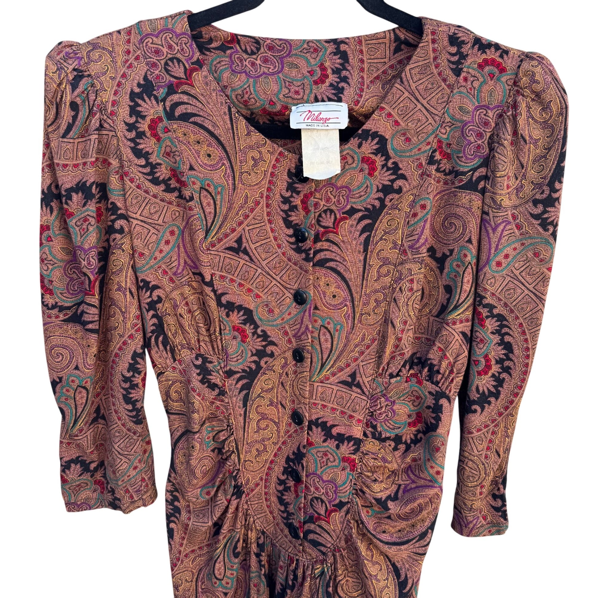 Milanzo Vintage Paisley Long-Sleeve Button Front Pleated Pencil Skirt Dress S