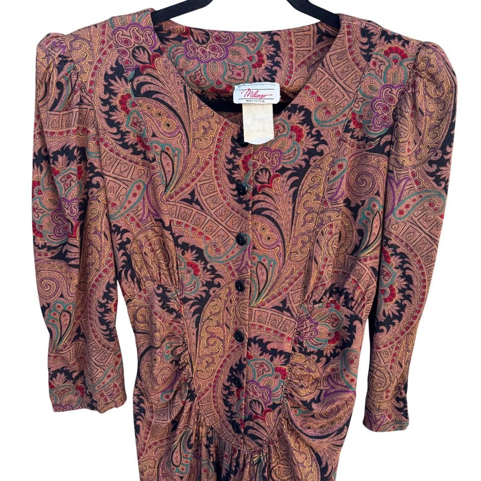 Milanzo Vintage Paisley Long-Sleeve Button Front Pleated Pencil Skirt Dress S