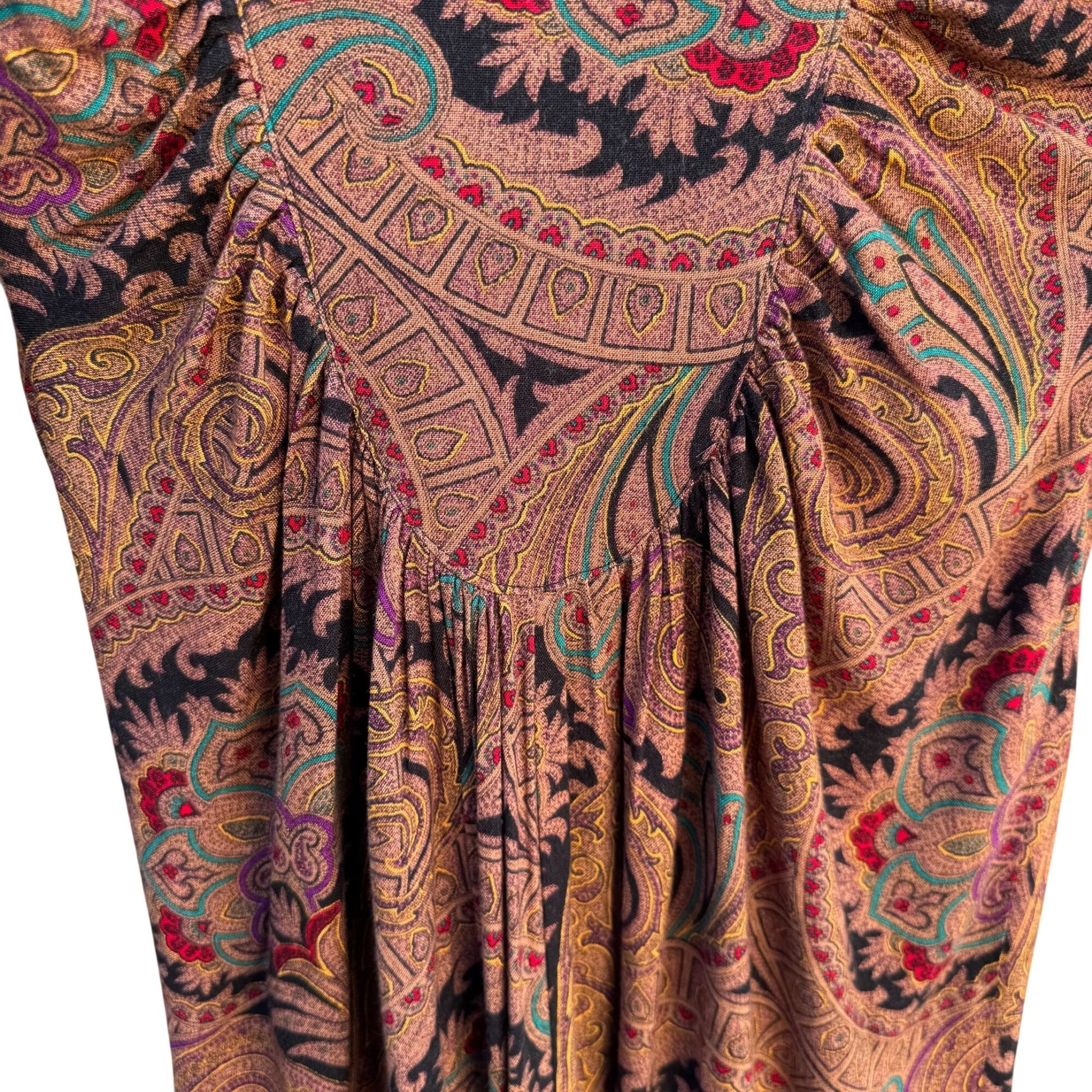 Milanzo Vintage Paisley Long-Sleeve Button Front Pleated Pencil Skirt Dress S