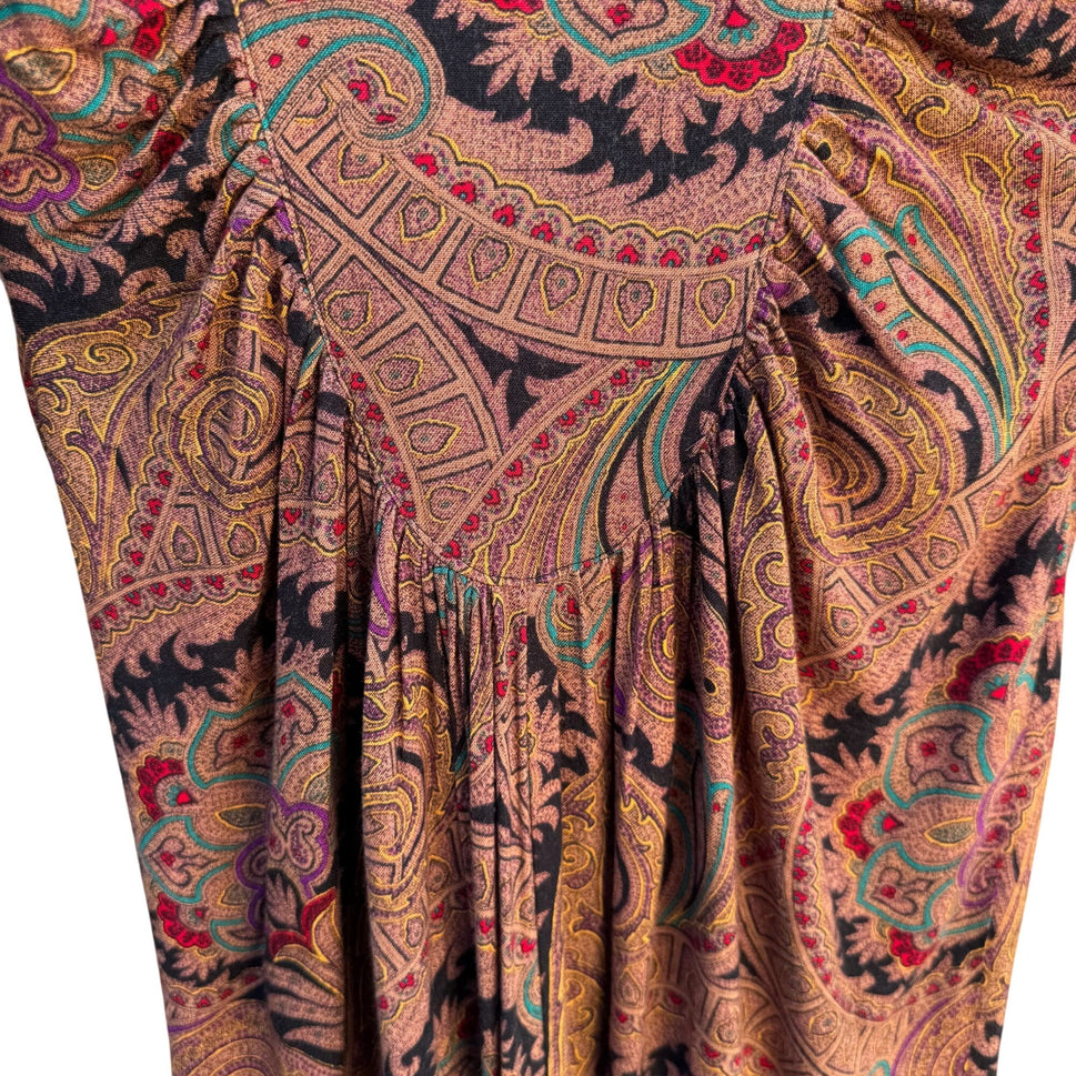 Milanzo Vintage Paisley Long-Sleeve Button Front Pleated Pencil Skirt Dress S