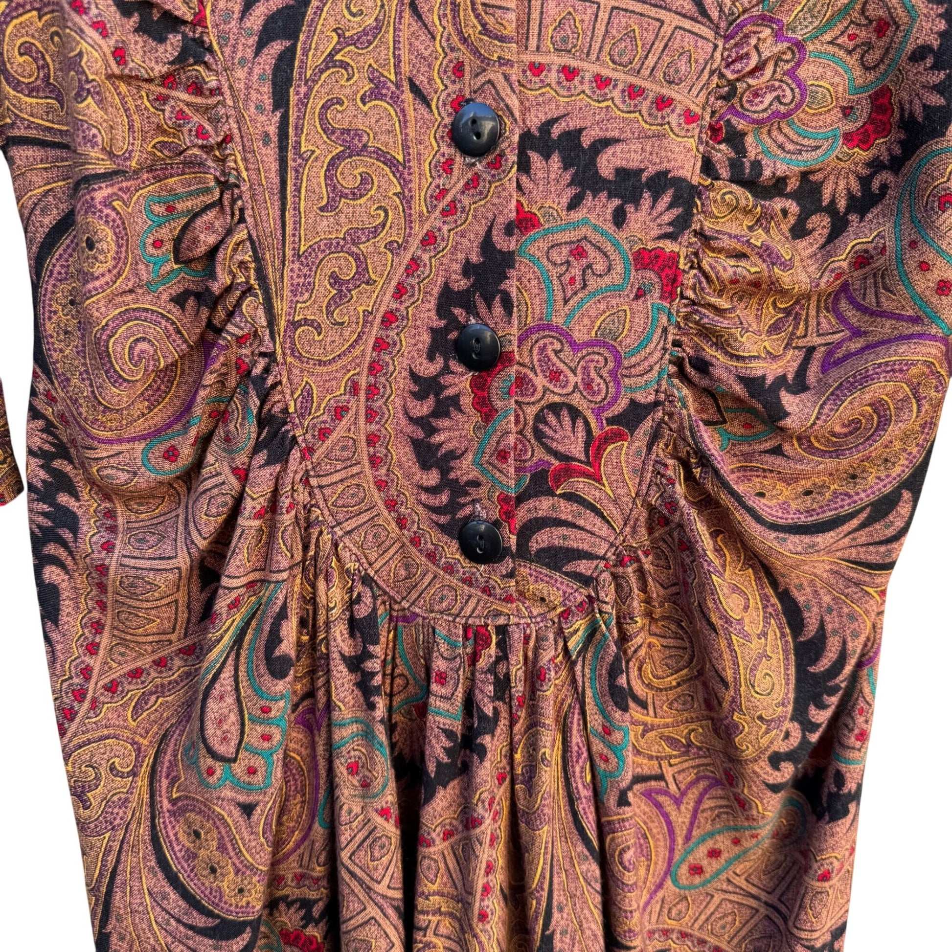 Milanzo Vintage Paisley Long-Sleeve Button Front Pleated Pencil Skirt Dress S