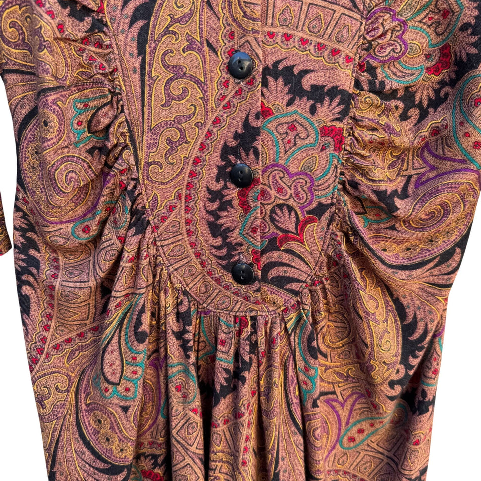 Milanzo Vintage Paisley Long-Sleeve Button Front Pleated Pencil Skirt Dress S