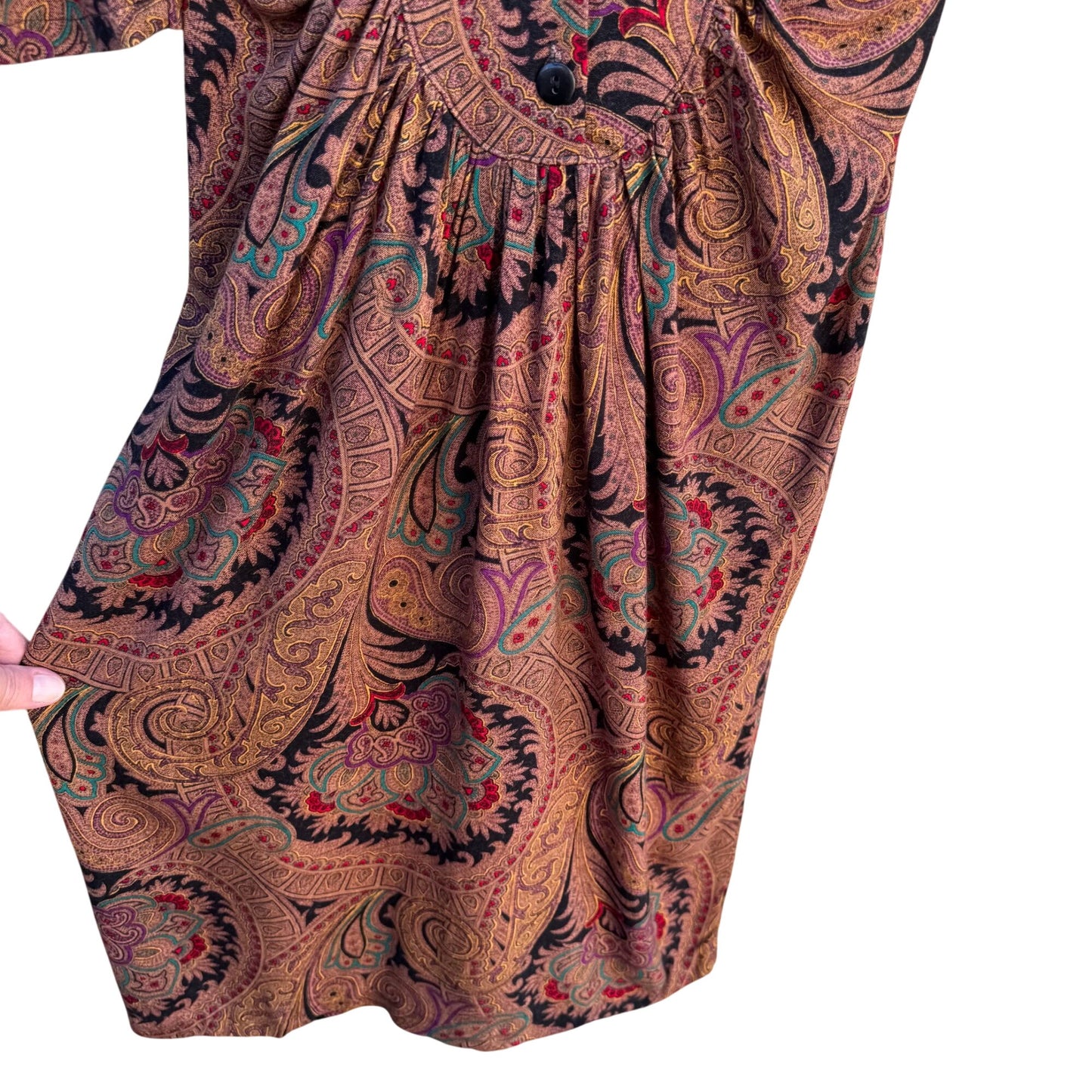 Milanzo Vintage Paisley Long-Sleeve Button Front Pleated Pencil Skirt Dress S