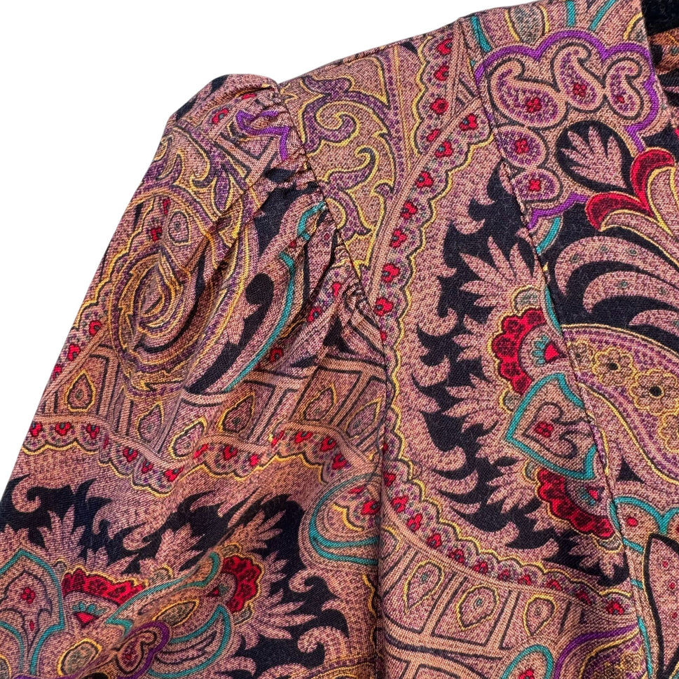 Milanzo Vintage Paisley Long-Sleeve Button Front Pleated Pencil Skirt Dress S