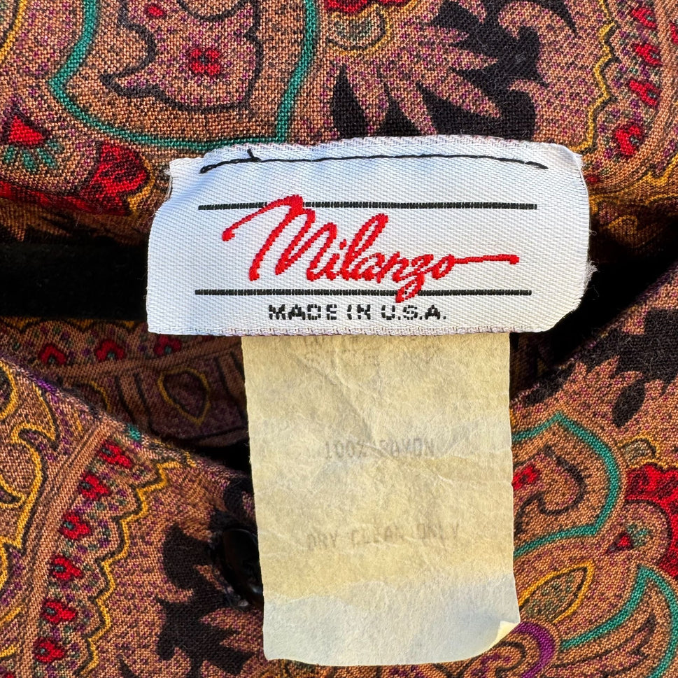 Milanzo Vintage Paisley Long-Sleeve Button Front Pleated Pencil Skirt Dress S