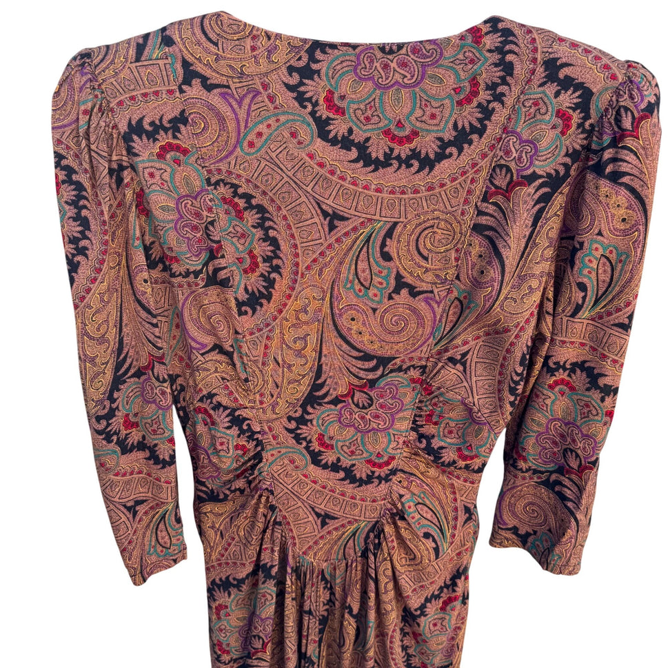 Milanzo Vintage Paisley Long-Sleeve Button Front Pleated Pencil Skirt Dress S