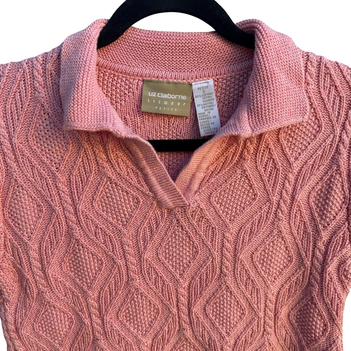 Liz Claiborne Vintage Coquette Preppy Coastal Cable Knit Crop Polo Sweater Pink