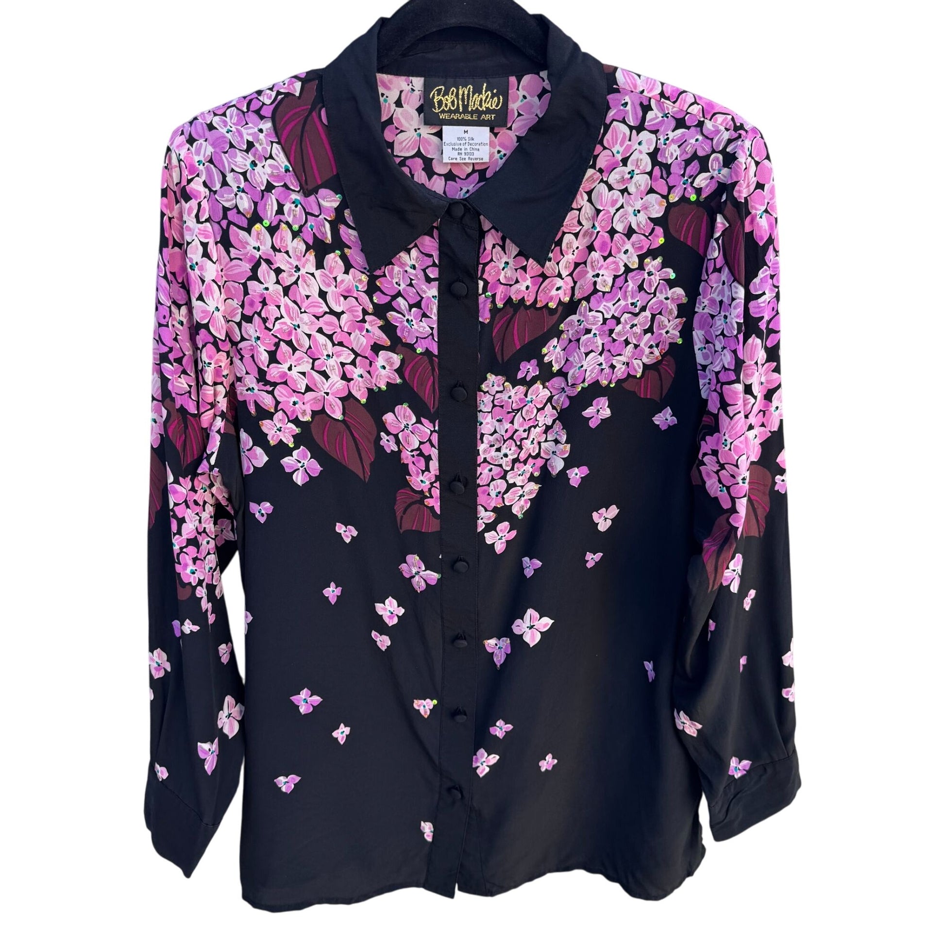 Bob Mackie Wearable Art Vintage Silk Beaded Floral Button-Up Blouse Shirt M