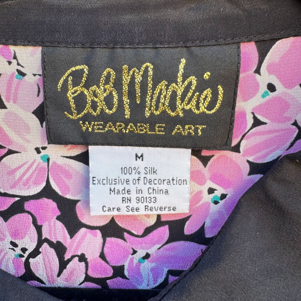 Bob Mackie Wearable Art Vintage Silk Beaded Floral Button-Up Blouse Shirt M