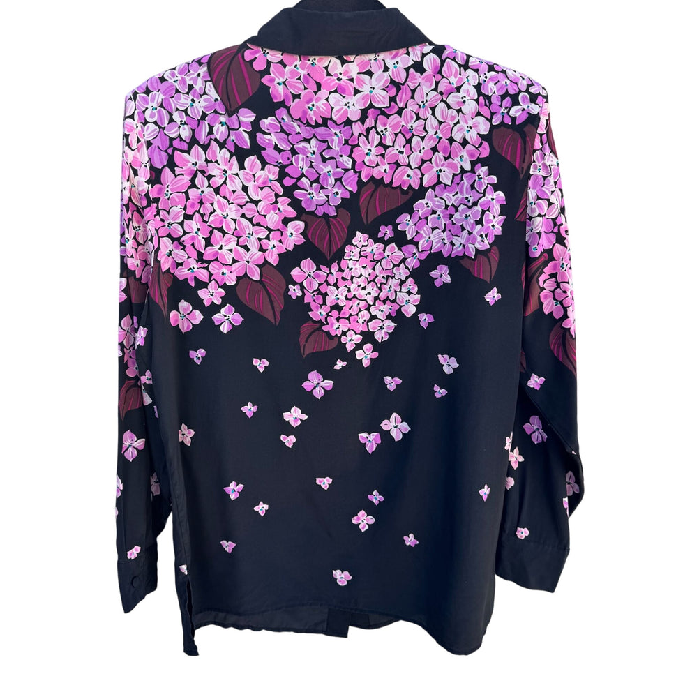 Bob Mackie Wearable Art Vintage Silk Beaded Floral Button-Up Blouse Shirt M