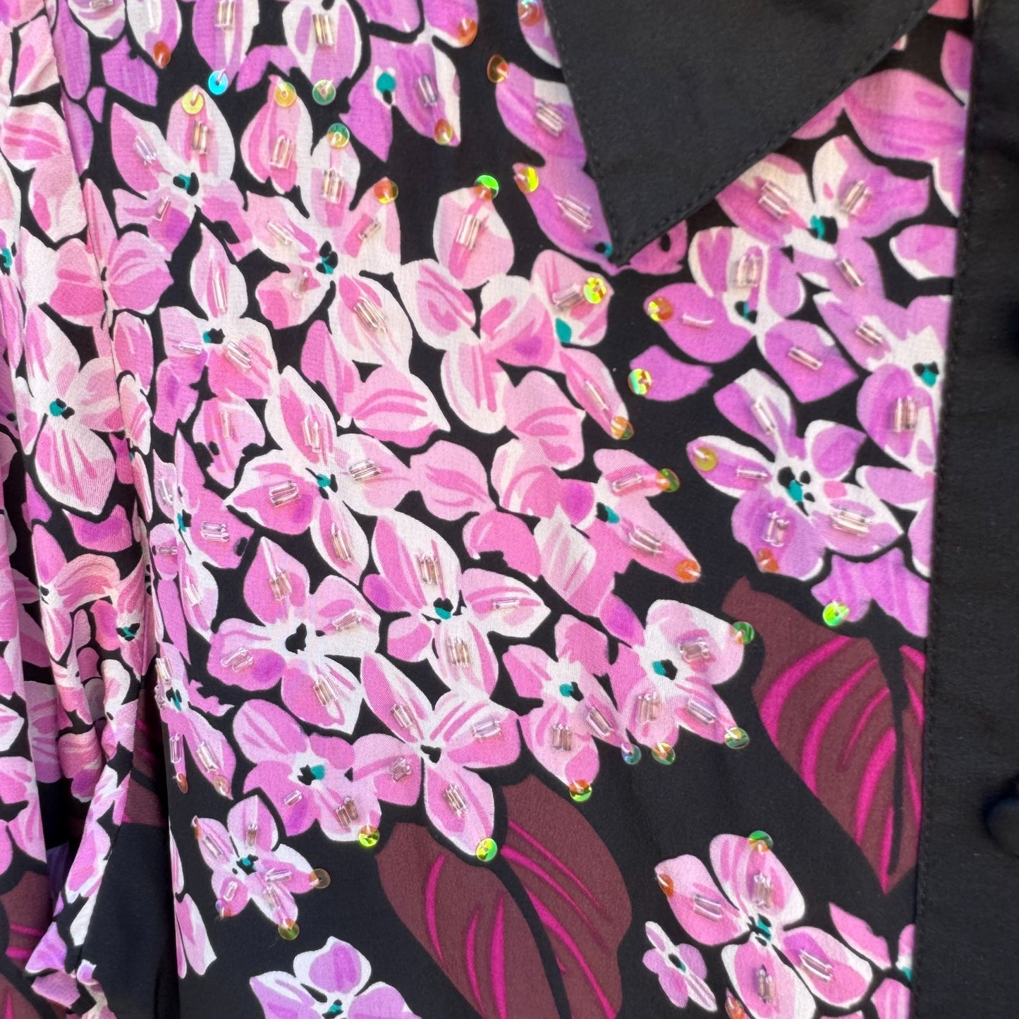 Bob Mackie Wearable Art Vintage Silk Beaded Floral Button-Up Blouse Shirt M