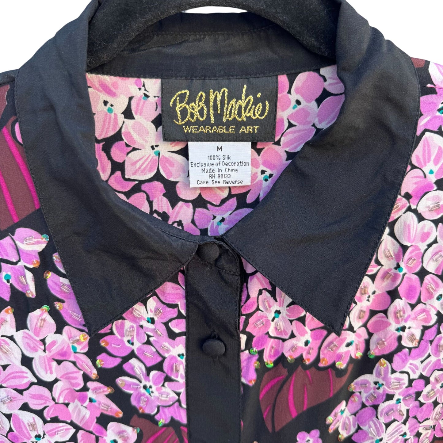 Bob Mackie Wearable Art Vintage Silk Beaded Floral Button-Up Blouse Shirt M