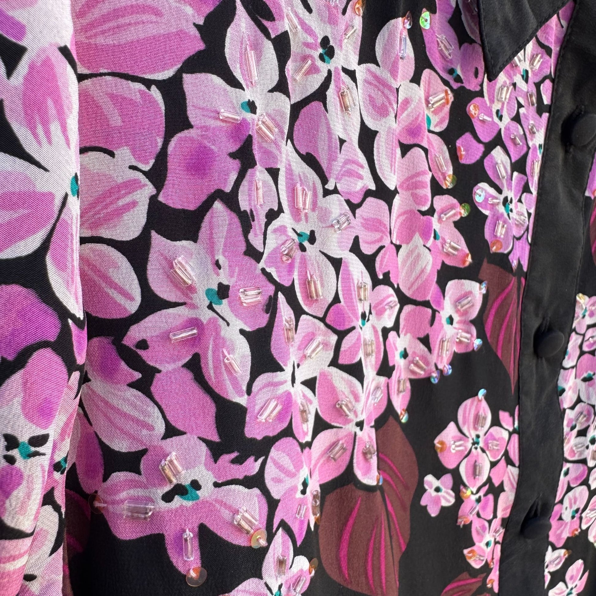 Bob Mackie Wearable Art Vintage Silk Beaded Floral Button-Up Blouse Shirt M