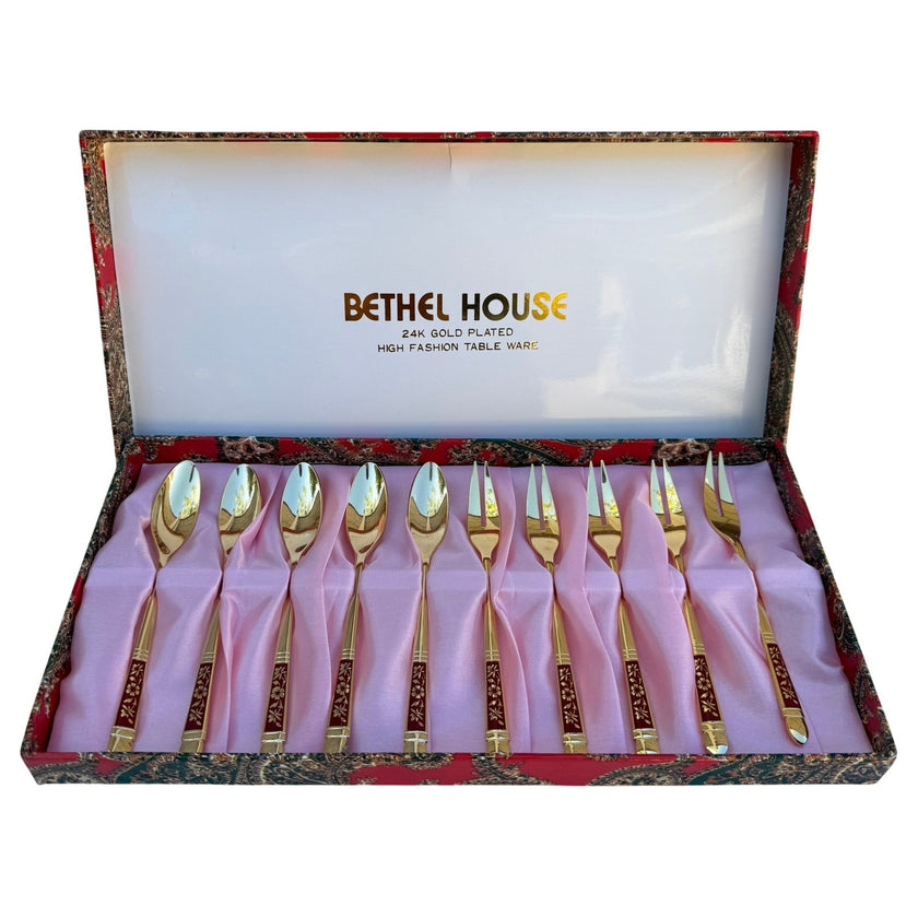 Bethel House 24K Gold Plated 10pc Dessert Spoon and Appetizer Fork Set Vintage