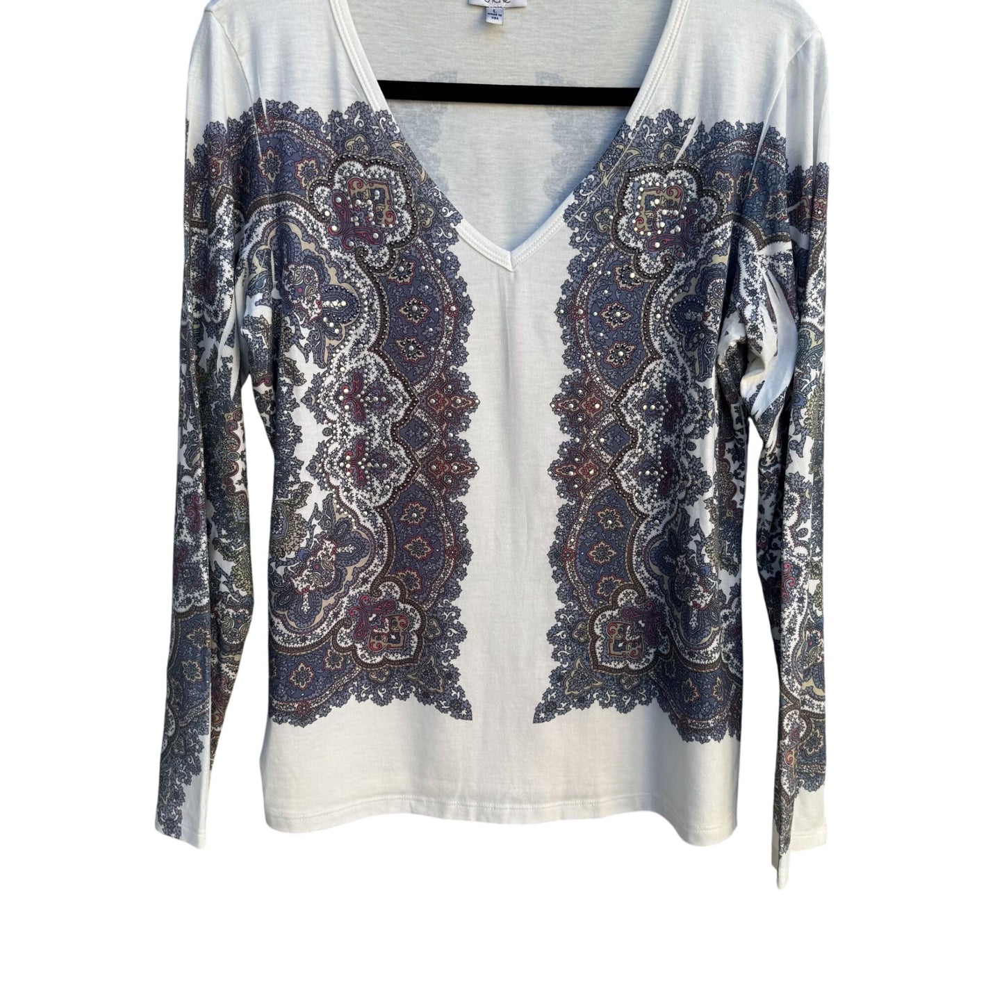 Cache Long Sleeve V-Neck Paisley Print Metal Beaded Stretch Shirt Blouse Top L
