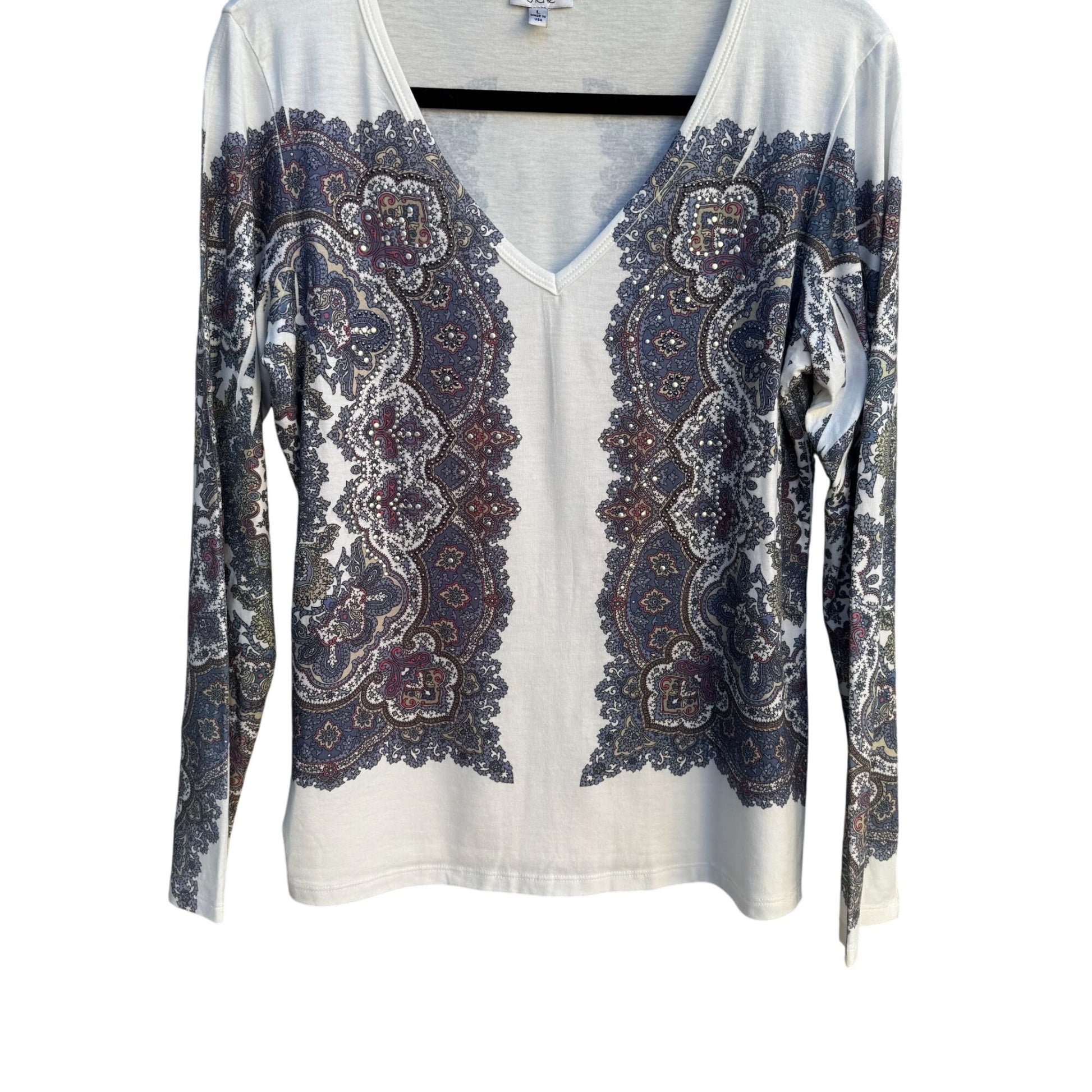Cache Long Sleeve V-Neck Paisley Print Metal Beaded Stretch Shirt Blouse Top L